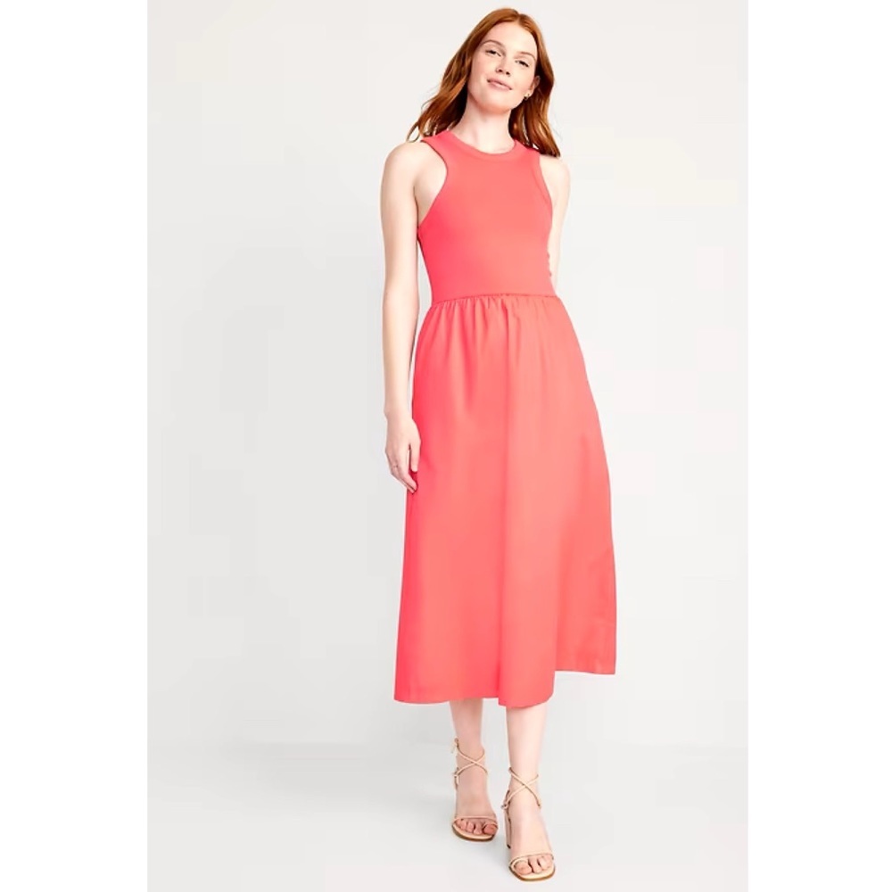 Old Navy Coral Fit & Flare High-Neck Ribbed Combination Midi Dress